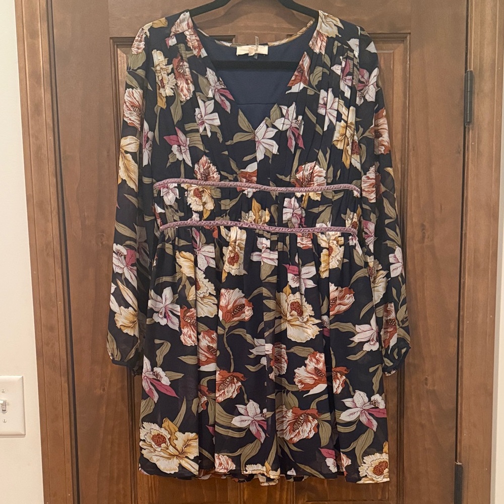 Navy Floral Long Sleeve Dress